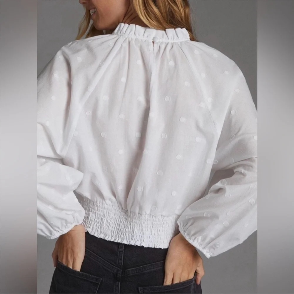 Maeve by Anthropologie Polkadot Puff Sleeve Top Size 6 White Blouse Cropped